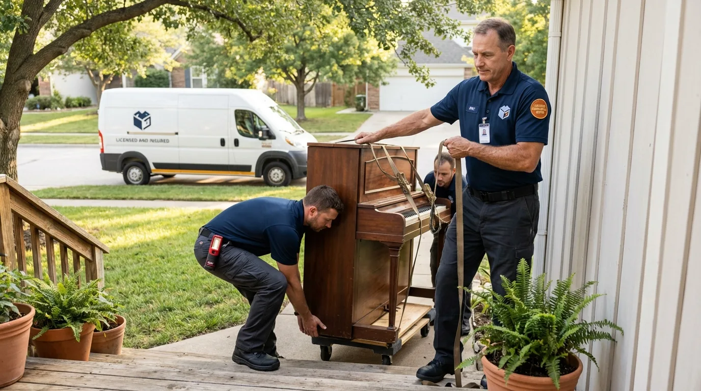 Licensed piano movers securing grand piano in Washington, UT